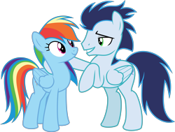 Size: 7953x6000 | Tagged: safe, alternate version, artist:sollace, derpibooru exclusive, derpibooru import, rainbow dash, soarin', pegasus, pony, g4, grannies gone wild, season 8, .svg available, bedroom eyes, clothes, eye contact, female, goggles, looking at each other, looking at someone, male, mare, raised hoof, raised leg, shipping, shipping fuel, simple background, smiling, soarindash, stallion, straight, svg, transparent background, vector