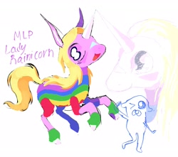 Size: 2267x2000 | Tagged: safe, artist:heartwoozy, derpibooru import, dog, pony, semi-anthro, unicorn, adventure time, crossover, duo, duo male and female, female, female focus, horn, jake the dog, lady rainicorn, male, mare, one eye closed, ponified, rule 85, solo focus, species swap, tail, wink