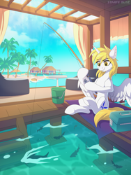 Size: 2160x2872 | Tagged: safe, artist:strafe blitz, derpibooru import, oc, oc only, oc:star nai, alicorn, fish, pony, alicorn oc, beach, belly, bucket, cel shading, cloud, concave belly, crepuscular rays, curtains, day, depth of field, ear fluff, ears, female, fishing, hoof hold, horn, mare, ocean, outdoors, partially open wings, shading, sitting, sky, slender, solo, thin, toolbox, underhoof, water, wings, wood