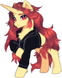 Size: 770x963 | Tagged: safe, ai content, derpibooru import, generator:pony diffusion v6 xl, generator:stable diffusion, machine learning generated, oc, oc only, oc:mr patchy, pony, unicorn, big horn, black sweatshirt, chest fluff, cloth, cute, detailed mane, ear fluff, ears, fluffy, hoof fluff, horn, long mane, prompter:endronist, raised hoof, raised leg, red eyes, red mane, simple background, smirk, sweatshirt, transparent background, yellow body
