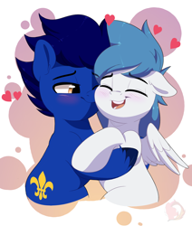 Size: 3232x3811 | Tagged: safe, artist:joaothejohn, derpibooru import, oc, oc only, oc:deevfactor, oc:starlie, earth pony, pegasus, pony, blushing, commission, couple, cute, earth pony oc, eyes closed, holiday, kiss on the cheek, kissing, lidded eyes, male, pegasus oc, shipping, smiling, stallion, valentine's day, wings, ych result, your character here