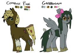 Size: 1581x1146 | Tagged: safe, artist:ghostwaffleheimer, oc, oc only, oc:compost pile, oc:garbbogen, earth pony, hybrid, pegasus, pony, abomination, bow, female, male, mare, parent:soarin', simple background, stallion, trash, white background