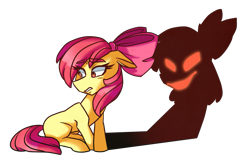 Size: 1039x650 | Tagged: safe, artist:ajuee, apple bloom, earth pony, pony, bloom and gloom, female, filly, foal, shadow, shadow bloom, simple background, sitting, solo, transparent background