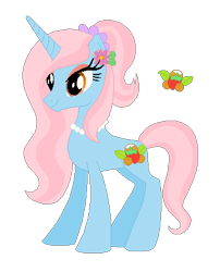 Size: 372x460 | Tagged: safe, artist:selenaede, artist:user15432, derpibooru import, oc, oc:coconut berry, pony, unicorn, g4, base used, coconut, concave belly, cutie mark, flower, flower in hair, food, horn, jewelry, necklace, pearl necklace, ponytail, simple background, slender, smiling, solo, strawberry, thin, transparent background