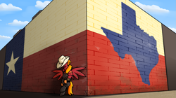 Size: 1831x1028 | Tagged: safe, artist:moonatik, derpibooru import, oc, oc only, oc:moonatik, pegasus, pony, better call saul, bipedal, brick wall, building, clothes, cloud, cowboy hat, engineer, flag, hat, knee pads, male, overalls, pegasus oc, sky, solo, spread wings, stallion, team fortress 2, texas, wings