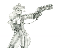 Size: 1500x1169 | Tagged: safe, artist:baron engel, derpibooru import, applejack, anthro, earth pony, g4, applejack's hat, clothes, cowboy hat, female, gun, hat, mare, monochrome, pencil drawing, simple background, solo, traditional art, weapon