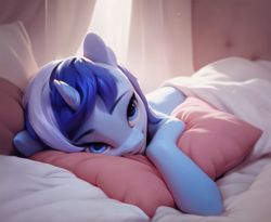 Size: 1024x840 | Tagged: safe, ai content, derpibooru import, generator:pony diffusion v6 xl, generator:stable diffusion, machine learning generated, minuette, pony, unicorn, g4, artificial intelligence, bed, female, happy, in bed, looking at you, lying down, lying on bed, mare, on bed, pillow, png, prompter:ai r us, sheet, smiling, smiling at you, solo