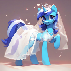 Size: 1024x1024 | Tagged: safe, ai content, derpibooru import, generator:pony diffusion v6 xl, generator:stable diffusion, machine learning generated, minuette, pony, unicorn, g4, artificial intelligence, clothes, dress, female, happy, mare, png, prompter:ai r us, see-through, smiling, solo, veil, wedding dress, wedding veil