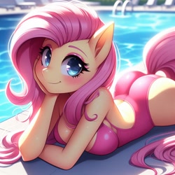 Size: 1024x1024 | Tagged: source needed, safe, ai content, derpibooru import, generator:bing image creator, generator:dall-e 3, machine learning generated, fluttershy, anthro, pegasus, g4, adorasexy, ass, blushing, breasts, butt, butt tail, cleavage, clothes, cute, flutterbutt, hand on head, hootershy, looking at you, lying down, missing cutie mark, one-piece swimsuit, outdoors, pink swimsuit, prompter needed, prone, sexy, shyabetes, smiling, smiling at you, solo, stupid sexy fluttershy, swimming pool, swimsuit, tail, wingless, wingless anthro