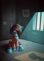 Size: 1501x2048 | Tagged: safe, artist:annna markarova, derpibooru import, rainbow dash, chained, chains, clothes, commissioner:rainbowdash69, cuffed, head down, jail cell, jumpsuit, looking up, never doubt rainbowdash69's involvement, poster, prison cell, prison outfit, prisoner rd, sad, solo