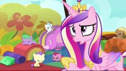 Size: 720x406 | Tagged: safe, derpibooru import, screencap, coconut palm, cranberry pit, cream puff, grape stem, princess cadance, stratus wind, alicorn, earth pony, pony, g4, once upon a zeppelin, season 7, airship, baby, baby pony, bowing, crown, daycare, eyes closed, female, filly, foal, group, hoof shoes, jewelry, mare, peytral, princess shoes, regalia, zeppelin, zeppelin children