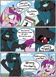 Size: 2066x2819 | Tagged: safe, artist:icey, derpibooru import, princess cadance, queen chrysalis, alicorn, changeling, changeling queen, pony, g4, calendar, close-up, comic, dialogue, dummy thicc, duo, duo female, female, hearts and hooves day, holiday, princess of love, speech bubble, valentine's day
