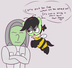 Size: 1110x1057 | Tagged: safe, artist:wanda, derpibooru import, oc, oc only, oc:anon, oc:anon filly, earth pony, human, pony, animal costume, bee costume, beekeeper, clothes, costume, dialogue, faggot, female, filly, foal, male, vulgar