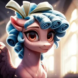 Size: 1024x1024 | Tagged: safe, ai content, derpibooru import, generator:purplesmart.ai, generator:stable diffusion, machine learning generated, cozy glow, pegasus, pony, g4, female, looking at you, mare, older, older cozy glow, prompter:maresforever, smiling, smiling at you, solo