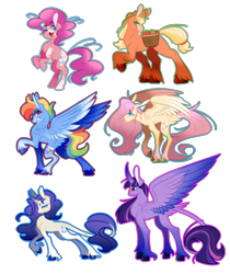 Size: 1897x2256 | Tagged: safe, artist:sunnyduck45, derpibooru import, applejack, fluttershy, pinkie pie, rainbow dash, rarity, twilight sparkle, twilight sparkle (alicorn), alicorn, classical unicorn, earth pony, pegasus, pony, unicorn, alternate design, apple, apple basket, cloven hooves, coat markings, female, food, horn, jewelry, leonine tail, mane six, mare, missing cutie mark, open mouth, open smile, outline, ring, simple background, smiling, spread wings, tail, tail feathers, tail ring, transparent background, unshorn fetlocks, wings