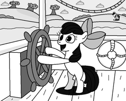 Size: 706x567 | Tagged: safe, artist:starwarriorjian, derpibooru import, edit, apple bloom, applejack, earth pony, pony, g4, anonymous editor, bipedal, blank flank, boat, female, filly, foal, grayscale, life preserver, mare, monochrome, open mouth, solo, steamboat willie, steering wheel, tree