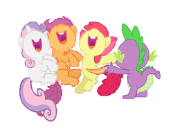 Size: 385x291 | Tagged: safe, anonymous artist, derpibooru import, apple bloom, scootaloo, spike, sweetie belle, dragon, earth pony, pegasus, pony, unicorn, best friend, best friends, butt, cutie mark crusaders, feather, female, filly, foal, friend, friends, laughing, male, revenge, simple background, tickle torture, tickling, white background