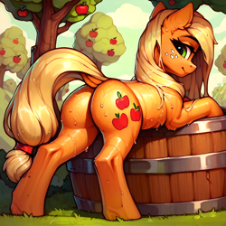 Size: 2048x2048 | Tagged: safe, ai content, derpibooru import, generator:pony diffusion v6 xl, generator:stable diffusion, machine learning generated, applejack, earth pony, pony, g4, apple, apple tree, applebutt, butt, butt focus, cloud, dock, ear fluff, ears, featureless crotch, female, food, grass, hatless, high res, leaning, looking back, mare, metal, missing accessory, outdoors, plot, prompter:tyto4tme4l, sky, smiling, solo, stupid sexy applejack, sweet apple acres, tail, tree, washing hair, washtub, wet, wet mane, wet mane applejack, wood