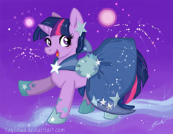 Size: 900x695 | Tagged: safe, artist:caycowa, derpibooru import, twilight sparkle, unicorn twilight, pony, unicorn, g4, the best night ever, clothes, dress, female, fireworks, gala dress, looking at you, mare, open mouth, open smile, scene interpretation, smiling