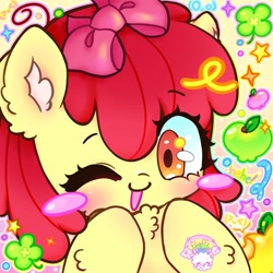 Size: 1440x1440 | Tagged: safe, artist:fluffypillarr, derpibooru import, apple bloom, earth pony, pony, adorabloom, apple, blushing, chest fluff, clover, cute, ear fluff, ears, female, filly, foal, food, four leaf clover, hoof fluff, looking at you, one eye closed, open mouth, solo, sparkles, stars, wink