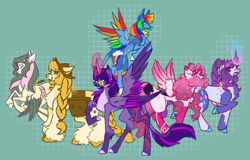 Size: 3806x2430 | Tagged: source needed, safe, artist:sunshin.e, derpibooru import, applejack, fluttershy, pinkie pie, rainbow dash, rarity, twilight sparkle, twilight sparkle (alicorn), alicorn, earth pony, pegasus, pony, unicorn, green background, mane six, mane six redesign, redesign, simple background