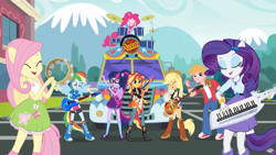 Size: 1275x717 | Tagged: safe, edit, edited screencap, screencap, applejack, big macintosh, fluttershy, pinkie pie, rainbow dash, rarity, sci-twi, sunset shimmer, twilight sparkle, human, eqg summertime shorts, equestria girls, get the show on the road, cars (pixar), humane five, humane seven, humane six, rust-eze, studebaker, the rainbooms tour bus