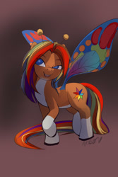 Size: 1200x1800 | Tagged: safe, artist:noben, derpibooru import, oc, oc only, oc:alynna, flutter pony, antennae, female, multicolored hair, rainbow hair, solo, spread wings, wings