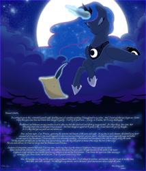 Size: 1300x1516 | Tagged: safe, artist:alshin, derpibooru import, princess luna, alicorn, pony, g4, armor, bedroom eyes, cloud, cloudy, crossed hooves, cursive writing, eyes closed, female, glowing, glowing horn, horn, letter, lidded eyes, lying down, magic, mare, moon, night, on a cloud, prone, quill, sitting, sitting on cloud, sky background, smiling, solo, stars, telekinesis, text, white text, writing