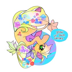 Size: 1021x1021 | Tagged: safe, artist:cutesykill, derpibooru import, applejack, earth pony, fish, pony, g4, beauty mark, body freckles, bow, colored sclera, covering mouth, cutie mark, dialogue, female, flower, flower in hair, flower in tail, freckles, green eyes, hair accessory, hair bow, hairclip, mare, missing accessory, neckerchief, no mouth, ponytail, simple background, solo, speech bubble, stars, tail, talking, talking to viewer, text, tied tail, white background