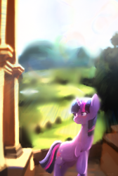 Size: 756x1124 | Tagged: safe, artist:idlyabetteliina, derpibooru import, twilight sparkle, unicorn twilight, pony, unicorn, g4, crepuscular rays, female, looking back, mare, smiling, solo, sunlight