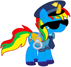 Size: 633x597 | Tagged: safe, artist:shieldwingarmorofgod, derpibooru import, oc, oc only, oc:shield wing, alicorn, clothes, cuffs, glasses, hat, male, necktie, police, police officer, simple background, solo, sunglasses, transparent background, uniform