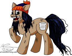 Size: 2776x2160 | Tagged: dead source, safe, artist:alex-heberling, derpibooru import, earth pony, pony, chester a. bum, facial hair, hat, male, messy mane, open mouth, ponified, raised hoof, raised leg, simple background, solo, species swap, stallion, tgwtg, transparent background