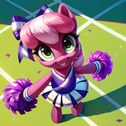 Size: 2080x2080 | Tagged: safe, ai content, derpibooru import, generator:pony diffusion v6 xl, generator:purplesmart.ai, generator:stable diffusion, machine learning generated, cheerilee, pony, g4, bipedal, bow, cheerleader, cheerleader outfit, clothes, cute, female, hair bow, high angle, looking at you, mare, outdoors, prompt in description, prompter:ramprover, skirt, smiling, solo