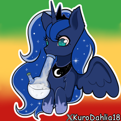 Size: 1080x1080 | Tagged: safe, derpibooru import, princess luna, alicorn, pony, g4, bong, crown, drugs, ethereal mane, gradient background, jewelry, kurodahlia18, long hair, marijuana, pipe, rainbow background, regalia, smoking, solo, starry eyes, starry mane