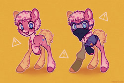 Size: 1087x724 | Tagged: safe, artist:emobricosss, derpibooru import, pinkie pie, earth pony, g4, alternate color palette, alternate design, alternate hairstyle, alternate tailstyle, bandana, beanbrows, blue eyes, buzzcut, chest fluff, clothes, coat markings, colored eyebrows, colored hooves, colored muzzle, curly hair, curly mane, curly tail, cutie mark, ear fluff, ears, eyebrows, eyelashes, female, fetlock tuft, freckles, gloves, goggles, hoof fluff, infection au, jacket, looking at you, mare, mlp infection, open mouth, open smile, pale belly, pink mane, pink tail, raised hoof, raised leg, redesign, simple background, smiling, socks (coat marking), tail, teeth, texture, warning sign, wingding eyes, yellow background