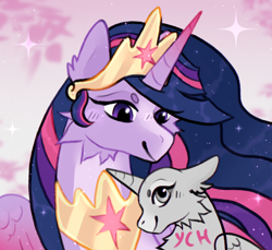 Size: 2946x2697 | Tagged: safe, artist:topolok, derpibooru import, princess twilight 2.0, twilight sparkle, twilight sparkle (alicorn), alicorn, pony, g4, the last problem, commission, crown, duo, female, horn, jewelry, mare, neck fluff, older, older twilight, older twilight sparkle (alicorn), peytral, regalia, smiling, sparkles, wings, ych result, your character here