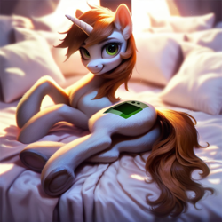 Size: 1024x1024 | Tagged: safe, ai content, derpibooru import, generator:pony diffusion v6 xl, generator:stable diffusion, machine learning generated, oc, oc:littlepip, pony, unicorn, fallout equestria, g4, bed, butt, female, looking at you, lying down, mare, pillow, plot, prompt in description, prompter:maresforever, smiling, solo