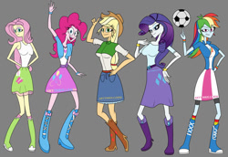 Size: 828x569 | Tagged: safe, artist:artthriller94, derpibooru import, applejack, fluttershy, pinkie pie, rainbow dash, rarity, human, equestria girls, g4, ball, belt, boots, clothes, cowboy hat, female, gray background, hat, high heel boots, humane five, jacket, shirt, shoes, simple background, skirt, socks, style emulation, vest, vivziepop