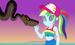 Size: 770x462 | Tagged: safe, artist:ocean lover, derpibooru import, edit, rainbow dash, python, snake, better together, equestria girls, g4, spring breakdown, antagonist, beach, cap, clothes, crossover, disney, evil grin, front knot midriff, gradient background, grin, hat, hypno dash, hypno eyes, hypnosis, hypnotized, kaa, kaa eyes, link, link in description, looking at each other, looking at someone, midriff, multicolored hair, ocean, outdoors, ponytail, purple sky, rainbow hair, shirt, smiling, story in the source, sunset, tanktop, the legend of zelda, this will not end well, thumbnail, vector, vector edit, water, youtube link, youtube thumbnail