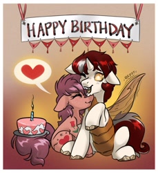 Size: 1875x2048 | Tagged: safe, artist:opalacorn, derpibooru import, oc, oc only, oc:biepbot, oc:mango dream, changeling, earth pony, pony, banner, birthday cake, cake, changeling oc, commission, duo, duo male and female, ears, eyes closed, female, floppy ears, food, gradient background, heart, male, mare, nuzzling, pictogram, waspling