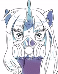 Size: 2074x2662 | Tagged: safe, artist:opalacorn, derpibooru import, oc, oc only, pony, unicorn, bust, commission, eyebrows, eyebrows visible through hair, female, gas mask, looking at you, mare, mask, monochrome, simple background, solo, white background