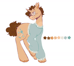 Size: 1825x1640 | Tagged: safe, artist:bksocrazy, derpibooru import, pony, unicorn, brown mane, brown tail, clothes, color palette, colored eartips, colored hooves, colored muzzle, colored pinnae, curly hair, curly mane, curly tail, cutie mark, glasses, looking sideways, male, ponified, raised hoof, raised leg, round glasses, short mane, simple background, smiling, solo, species swap, stallion, standing, sweater, tail, unshorn fetlocks, white background, wilbur soot