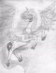 Size: 2150x2816 | Tagged: safe, artist:thundercloud, derpibooru import, princess luna, alicorn, pony, g4, armor, cutie mark, feathered wings, female, flying, high res, hooves in air, horn, long horn, monochrome, no mouth, solo, traditional art, wings