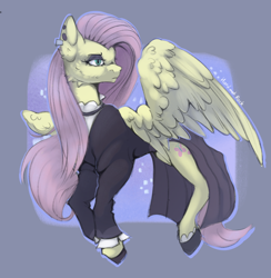 Size: 2006x2052 | Tagged: safe, artist:hard817, derpibooru import, fluttershy, pegasus, pony, g4, cheek fluff, clothes, dress, female, fluttergoth, head turn, high res, lidded eyes, mare, purple background, signature, simple background, solo