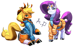 Size: 2029x1297 | Tagged: safe, artist:applephil, derpibooru import, applejack, rarity, earth pony, pony, unicorn, g4, clothes, simple background, sunglasses, white background