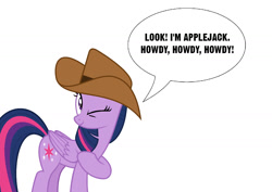 Size: 1588x1123 | Tagged: artist needed, safe, derpibooru import, twilight sparkle, twilight sparkle (alicorn), alicorn, pony, g4, once upon a zeppelin, cowboy hat, female, hat, mare, movie reference, one eye closed, simple background, solo, speech bubble, toy story, white background, wink