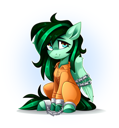 Size: 1894x2033 | Tagged: safe, artist:buvanybu, derpibooru import, oc, oc only, oc:eden shallowleaf, pegasus, bound wings, chains, clothes, jumpsuit, pegasus oc, prison outfit, prisoner, shackles, solo, wings