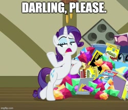 Size: 581x499 | Tagged: safe, derpibooru import, edit, edited screencap, screencap, gabby, rarity, dragon dropped, g4, bipedal, bipedal leaning, caption, darling, gem, image macro, imgflip, leaning, please, post office, rarity being rarity, sassy, text