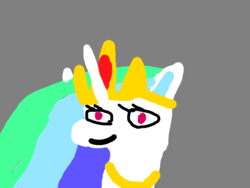 Size: 400x300 | Tagged: safe, artist:goofyartist4451, derpibooru import, princess celestia, g4, bust, crown, ear fluff, ears, goofy, gray background, horn, jewelry, long horn, multicolored hair, regalia, simple background, smiling