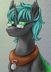 Size: 2508x3541 | Tagged: safe, artist:kirieshka, derpibooru import, oc, changeling, bust, collar, dark glasses, fangs, glasses, green eyes, hair, hairstyle, jewelry, pendant, portrait, teeth, trinket